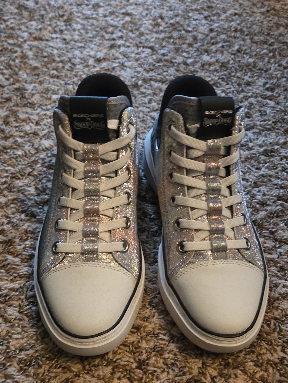 Skechers Women's Silver Glitter Lace-Up Sneakers with White Accents